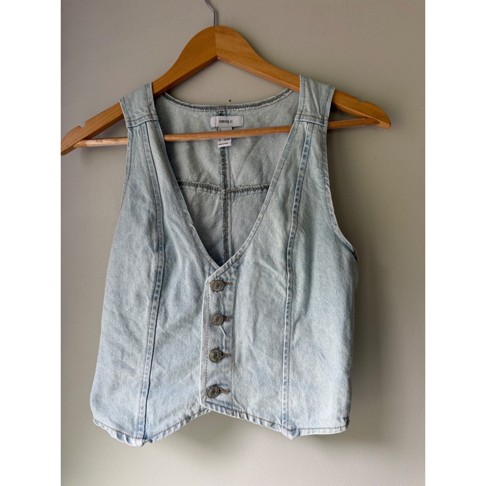 Forever 21 Denim Vest Size S Light Wash Cropped V-Neck Cinch Back Y2K western
